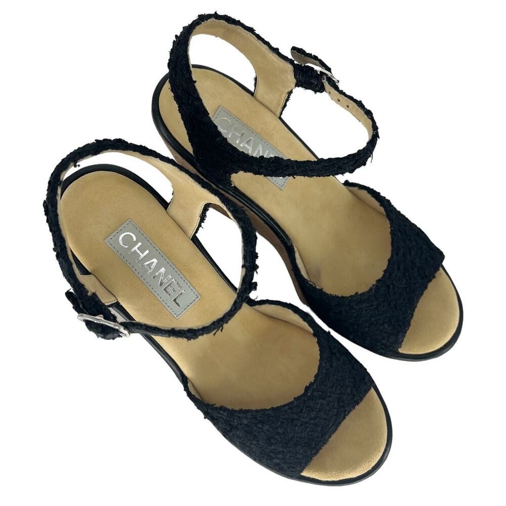 CHANEL Black and Gold Wedge Sandals - Picture 9 of 16